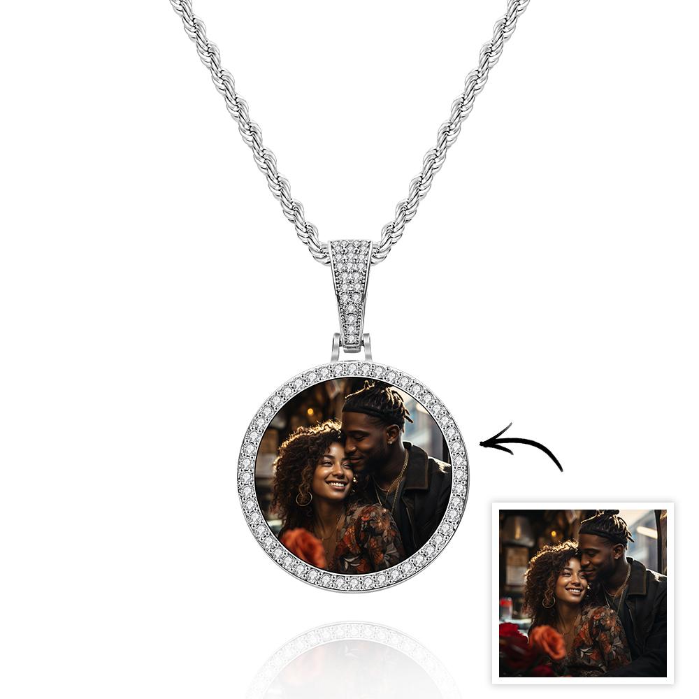 Custom Made Photo Circle Necklace and Pendant Large Hip Hop Round Pendant Iced out Cubic Zirconia Jewelry Gift for Him - soufeelmy