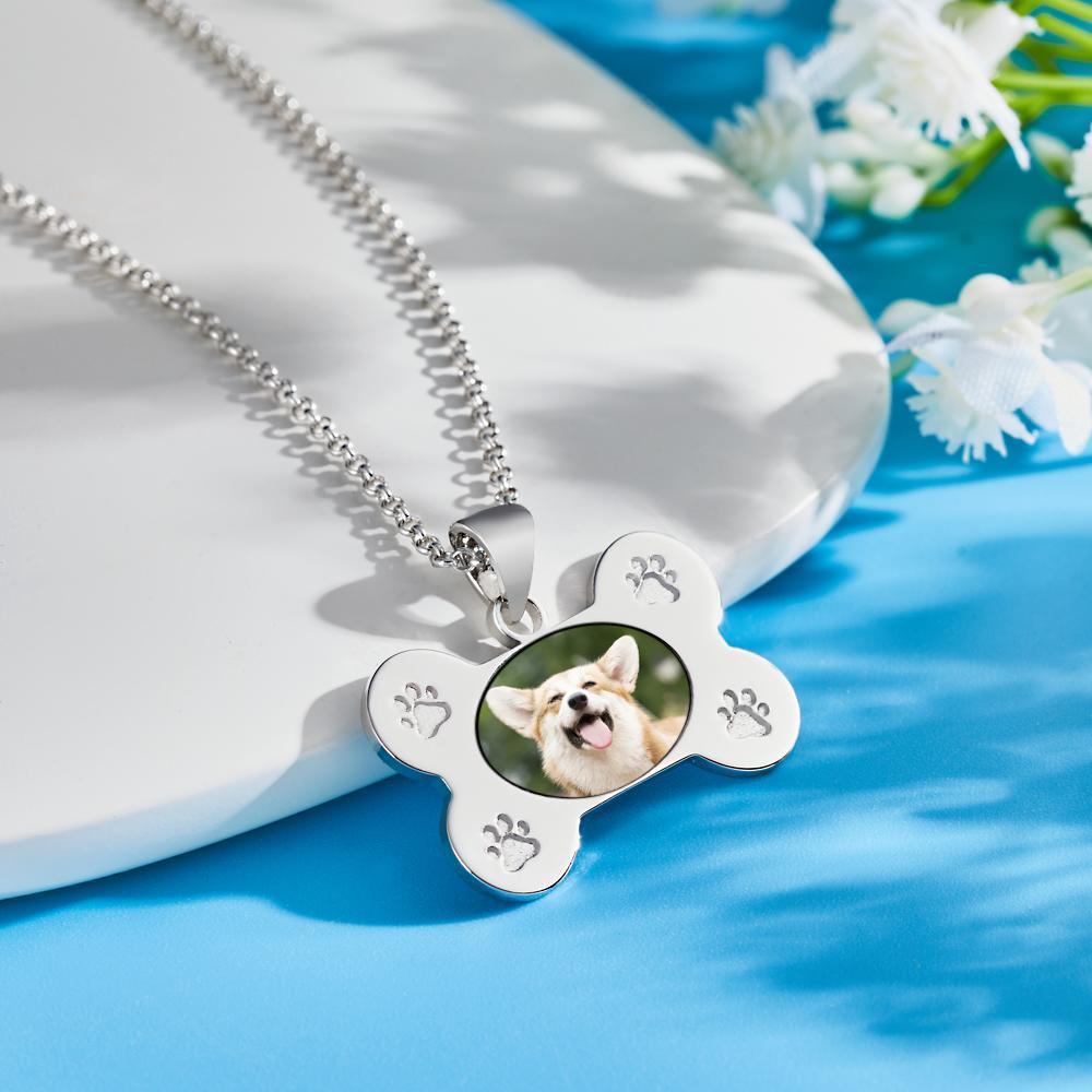 Custom Photo Necklaces Dog Bone Photo Pendant with Small Footprints