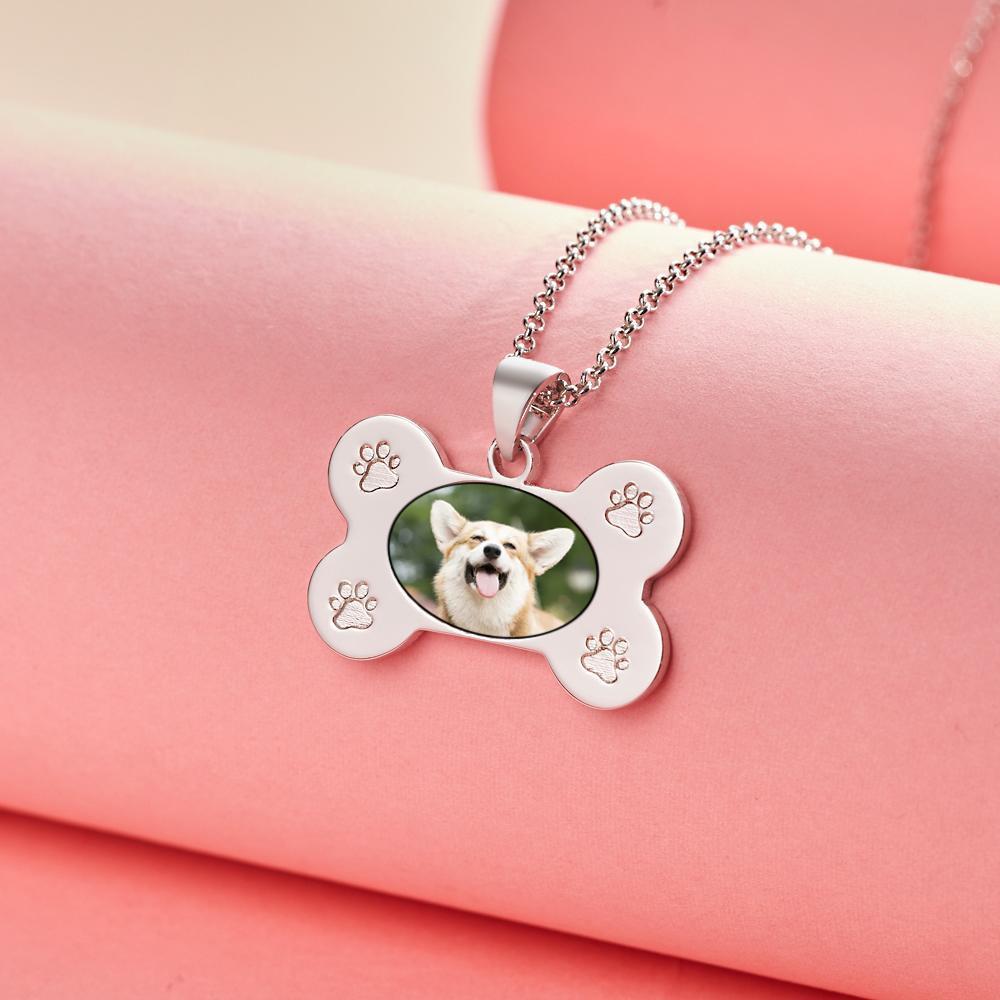 Custom Photo Necklaces Dog Bone Photo Pendant with Small Footprints