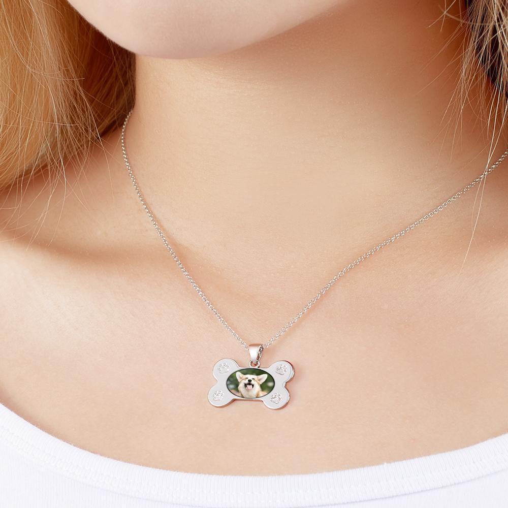 Custom Photo Necklaces Dog Bone Photo Pendant with Small Footprints