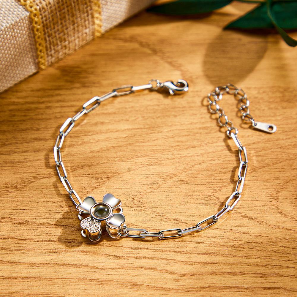 Custom Photo Projection Clover Rhinestone Bracelet Personalized Polished Adjustable Bracelet Gifts For Her - soufeelmy