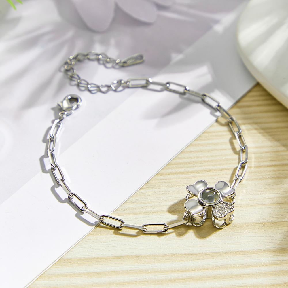 Custom Photo Projection Clover Rhinestone Bracelet Personalized Polished Adjustable Bracelet Gifts For Her - soufeelmy