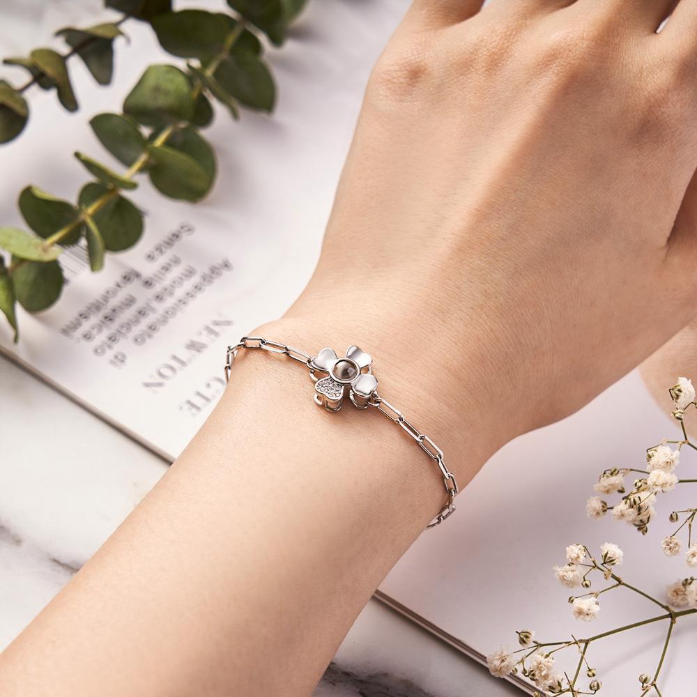 Custom Photo Projection Clover Rhinestone Bracelet Personalized Polished Adjustable Bracelet Gifts For Her - soufeelmy