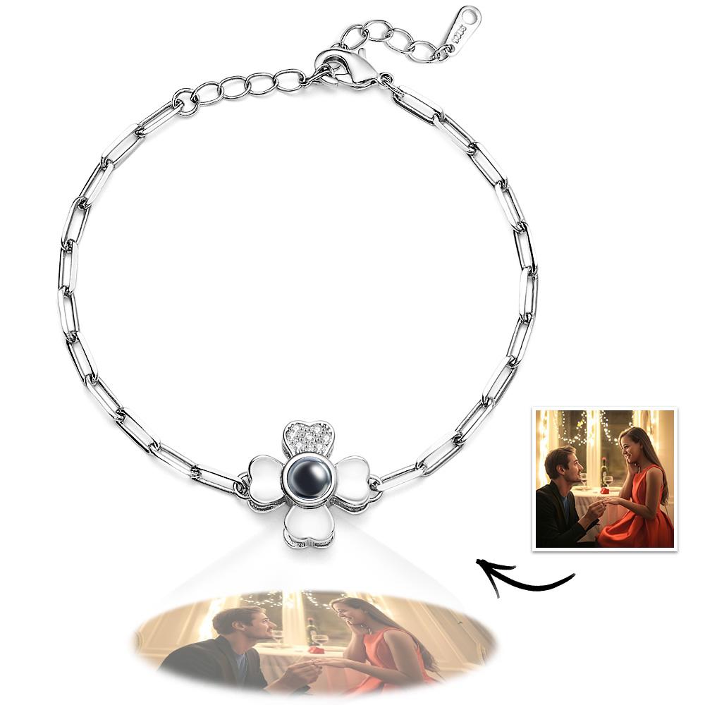 Custom Photo Projection Clover Rhinestone Bracelet Personalized Polished Adjustable Bracelet Gifts For Her - soufeelmy