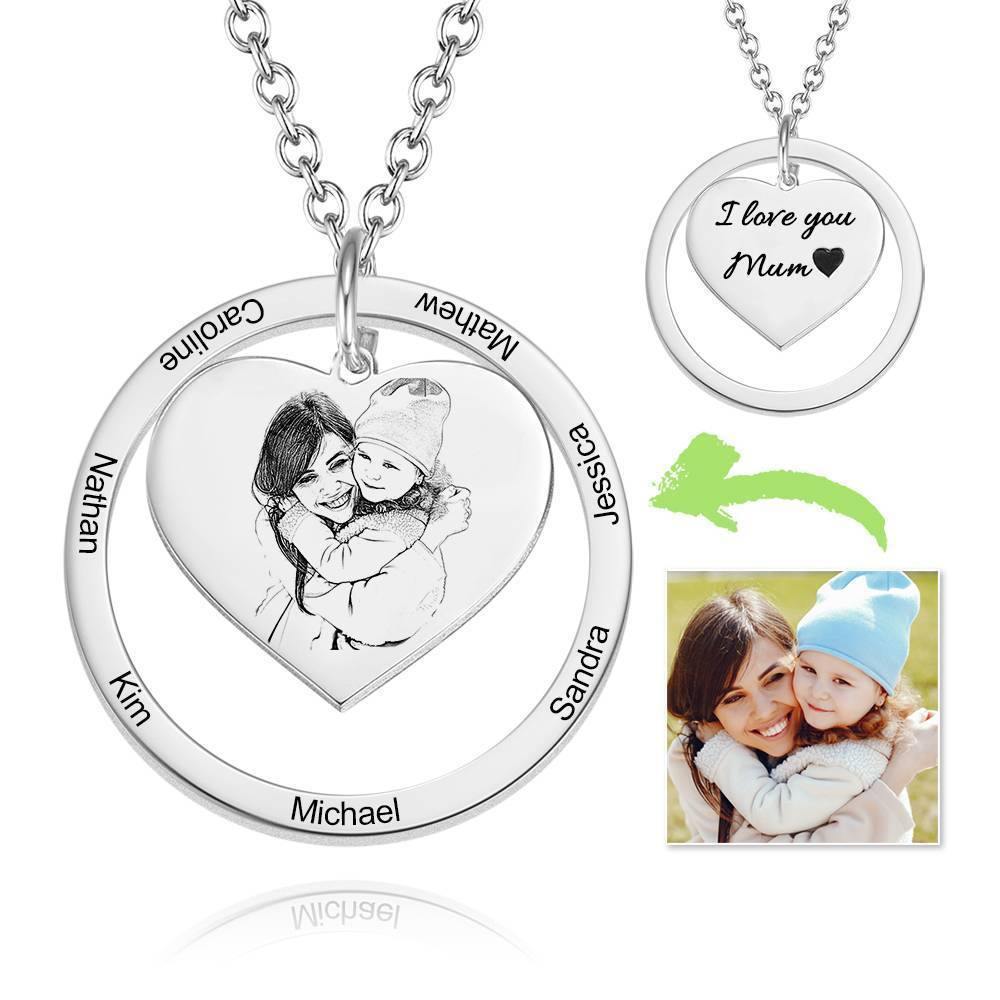 Photo Engraved Necklace Heart In Round Pendant, Family Necklace Rose Gold Plated - Rose Gold - soufeelus