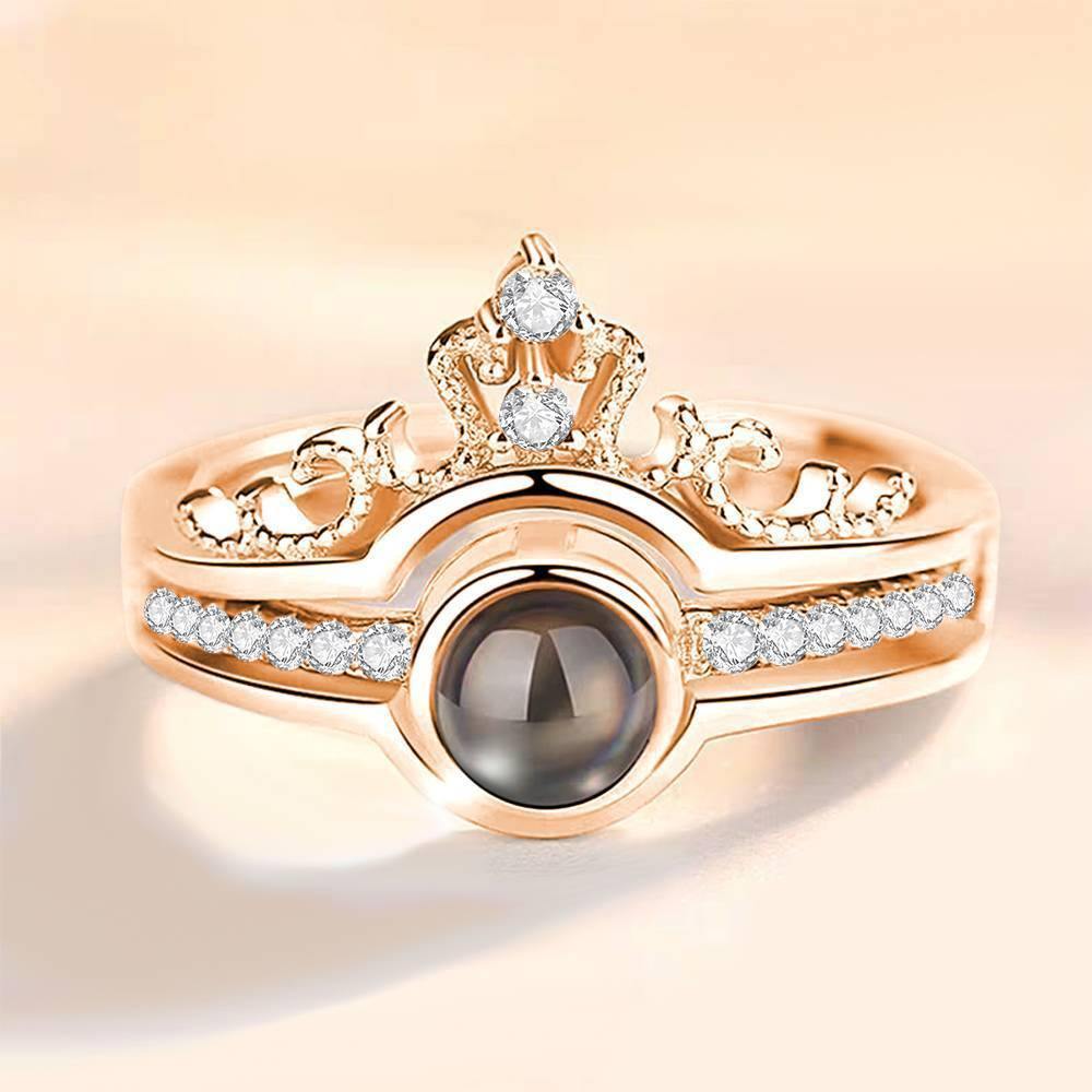 I Love You Ring in 100 Languages Projection Engraved Crown Ring, Romantic Gift Two in One Rose Gold Plated - Silver - soufeelus
