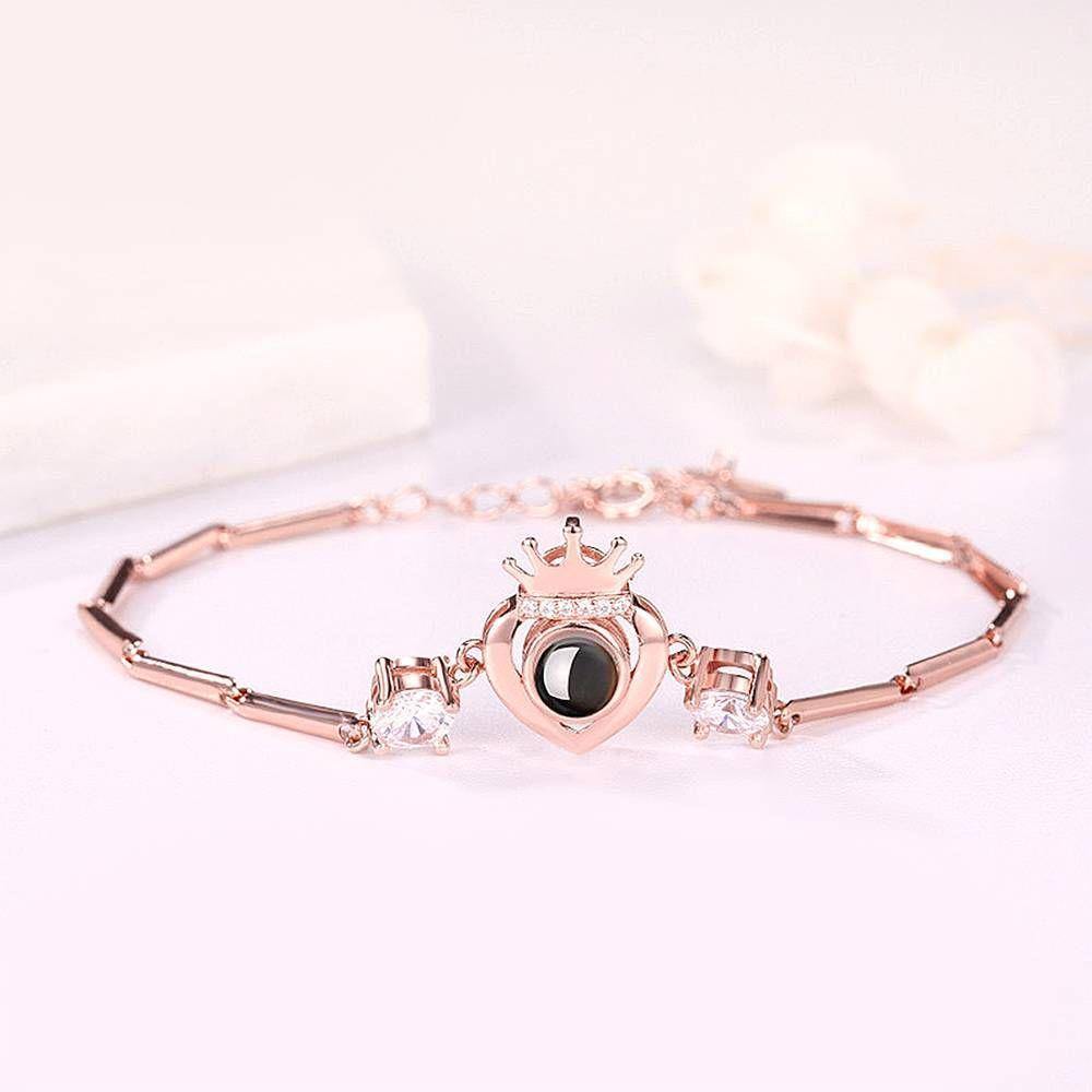 I Love You Bracelet in 100 Languages Projection Photo Engraved Bracelet Crown with Heart Rose Gold Plated - Silver - soufeelus