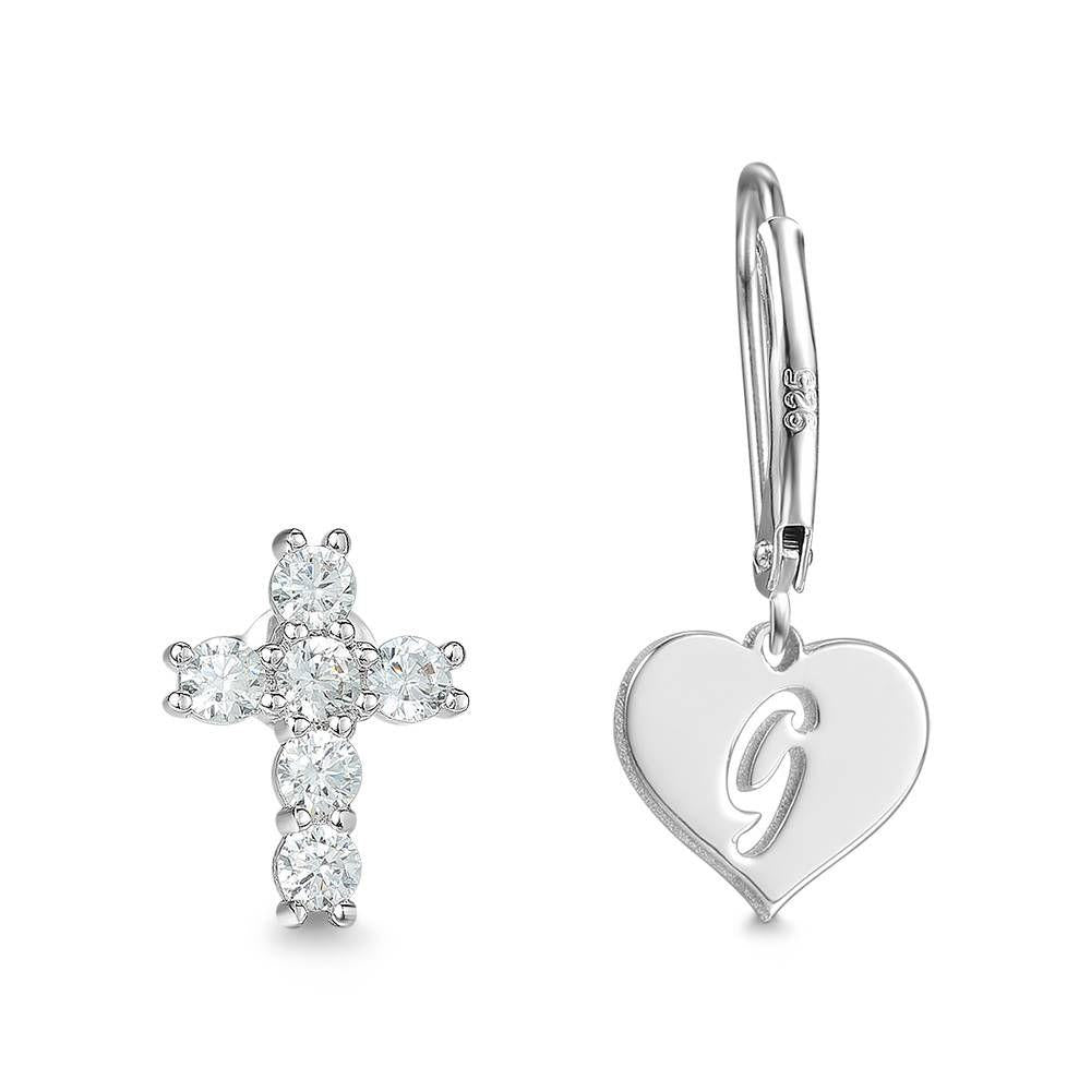 Initial Drop Earrings, Asymmetry Earrings Hollow Letter with Cross Platinum Plated - Silver - 