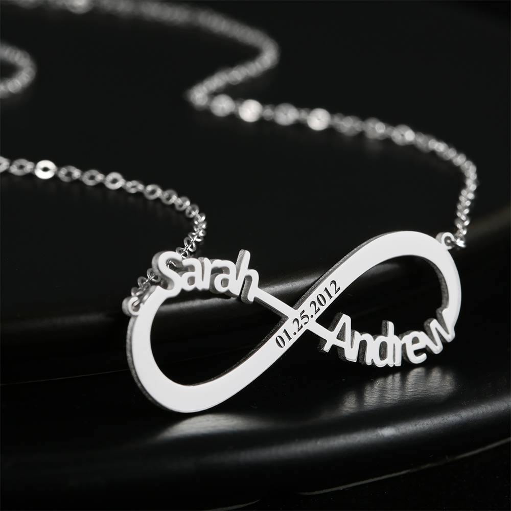 Engraved Infinity Name Necklace, Personalized Infinity Two Name Necklace - Silver -