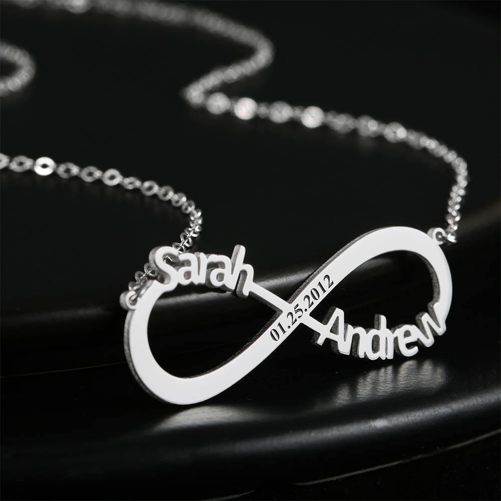 Engraved Infinity Name Necklace, Personalized Infinity Two Name Necklace - Silver - soufeelus