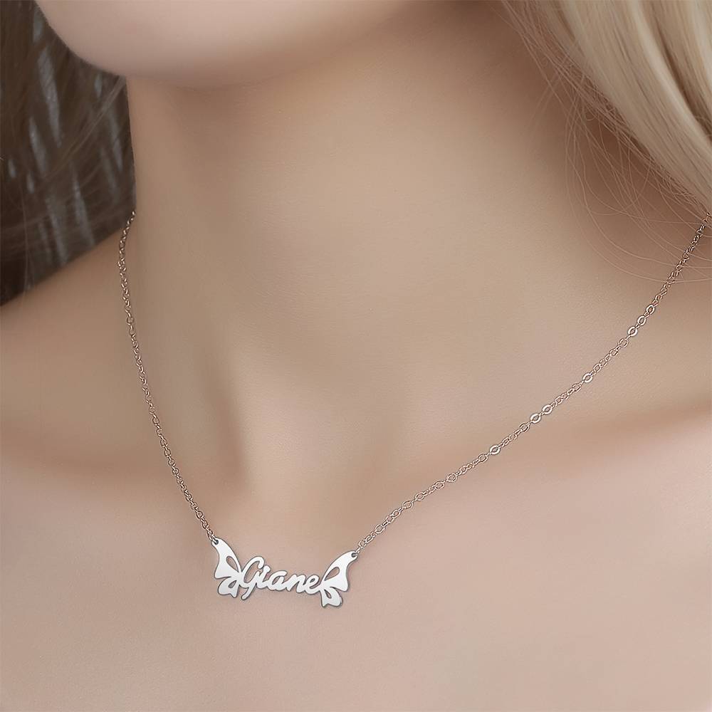 Personalized Name Necklace, Butterfly Necklace - Silver - 