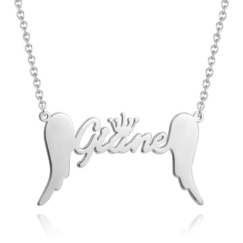 Name Necklace, Crown Name Necklace with Angel Wings Platinum Plated - Silver - 