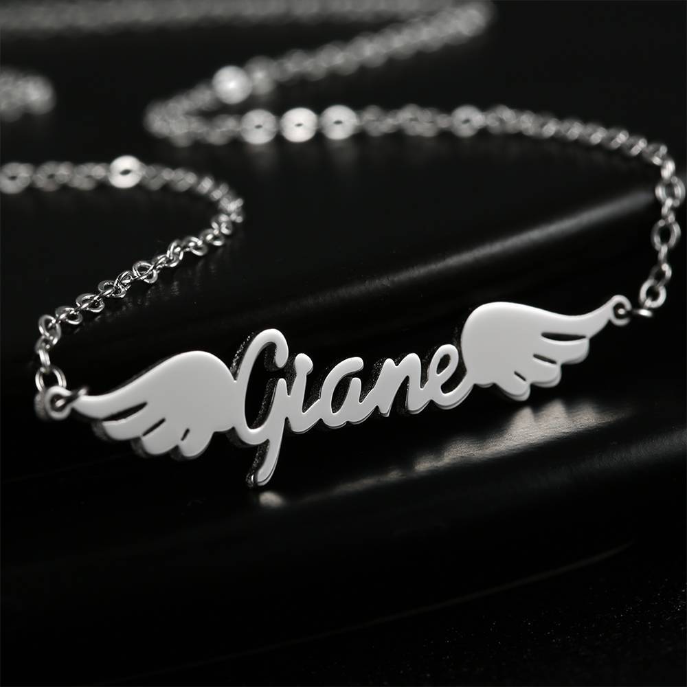 Name Necklace, Personalized Angel Wings Necklace Platinum Plated - Silver - 
