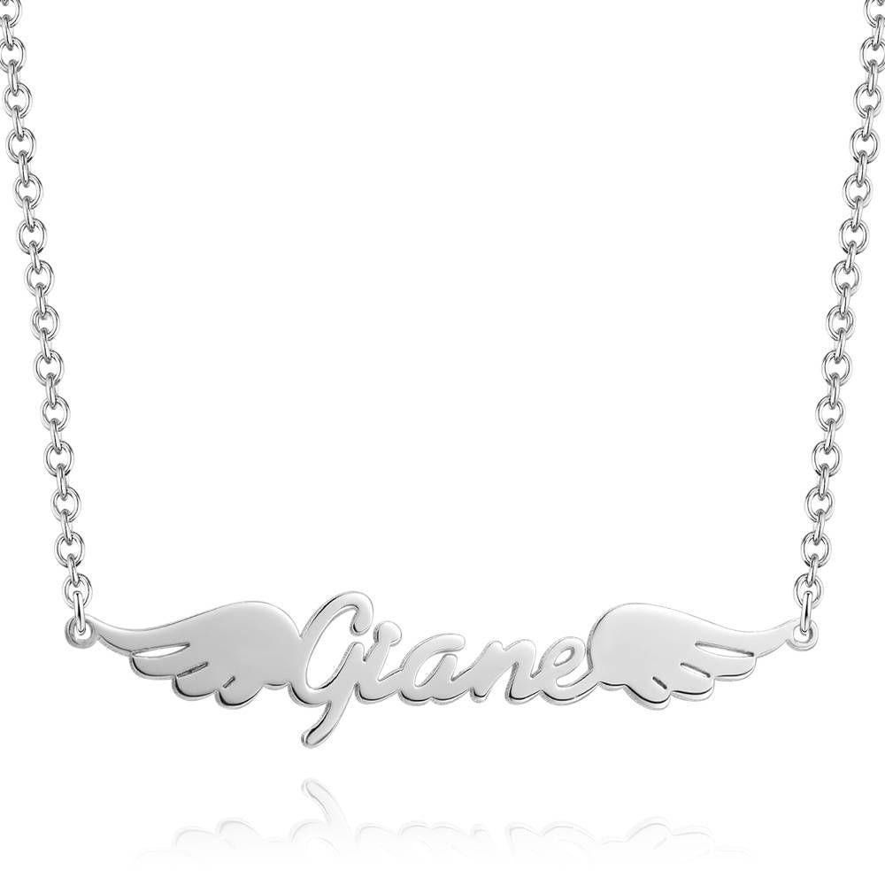 Name Necklace, Personalized Angel Wings Necklace Platinum Plated - Silver - 