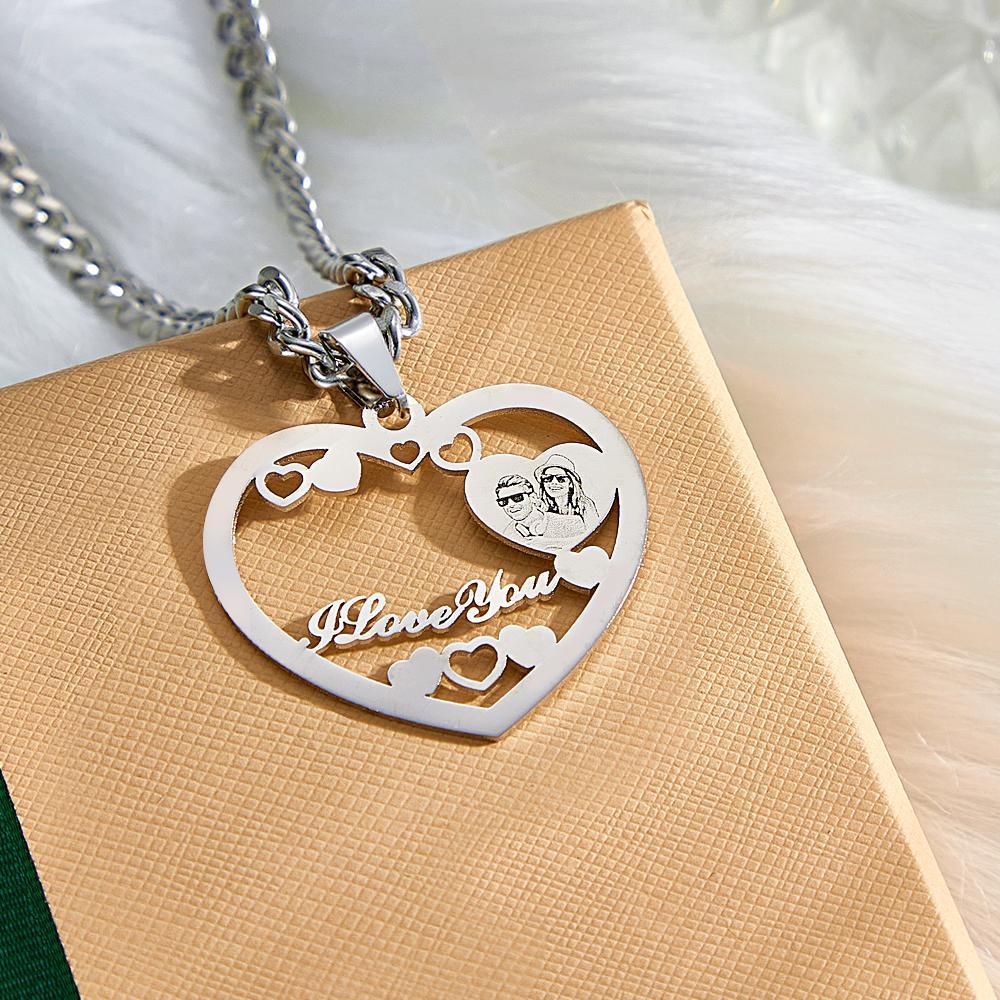Personalized Photo Engraved Halo Heart Necklace in Gold, Silver & Rose Gold Heart Shaped Locket Pendant Photo Heart Necklace - soufeelmy