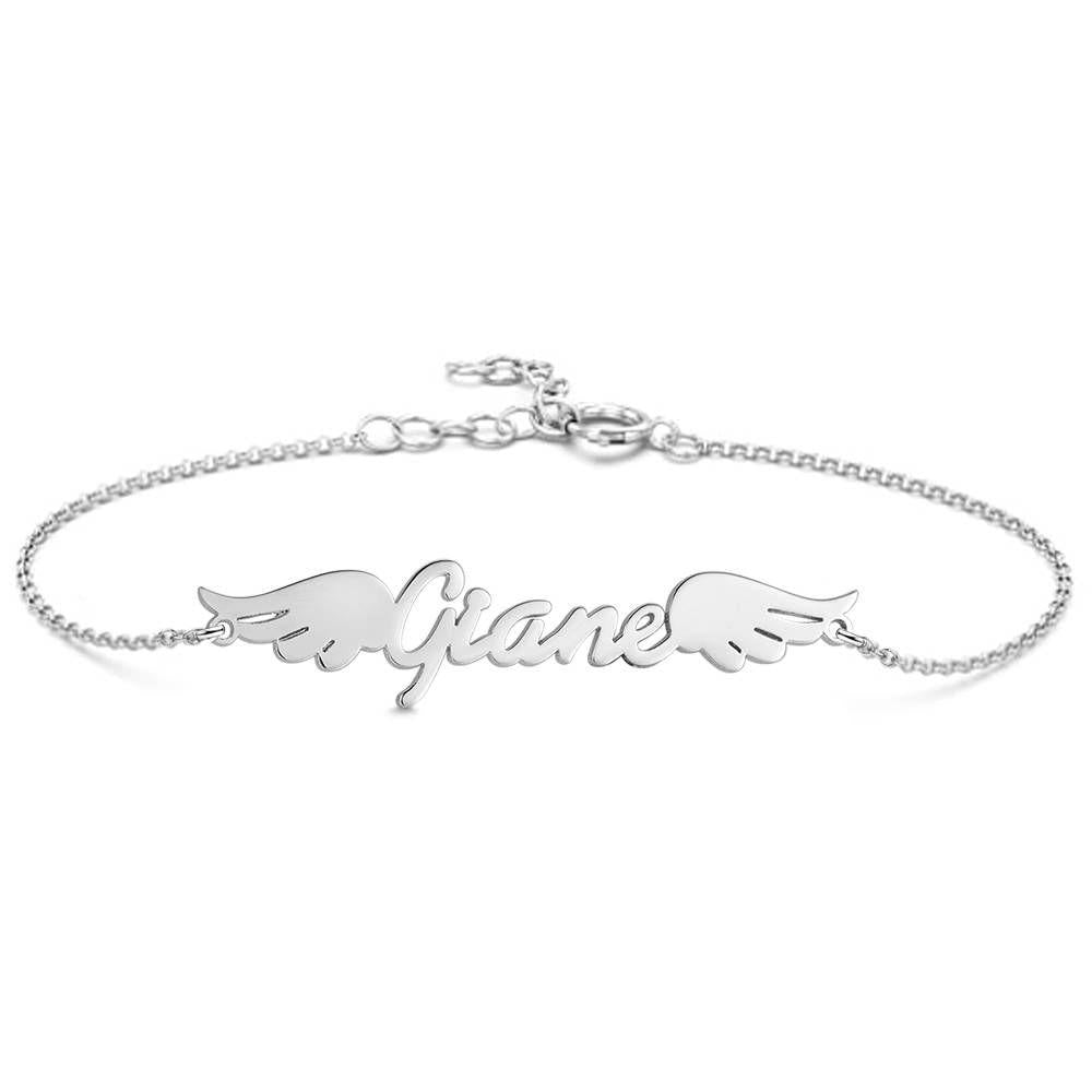 Name Bracelet, Personalized Angel Wings Bracelet Platinum Plated - Silver - 