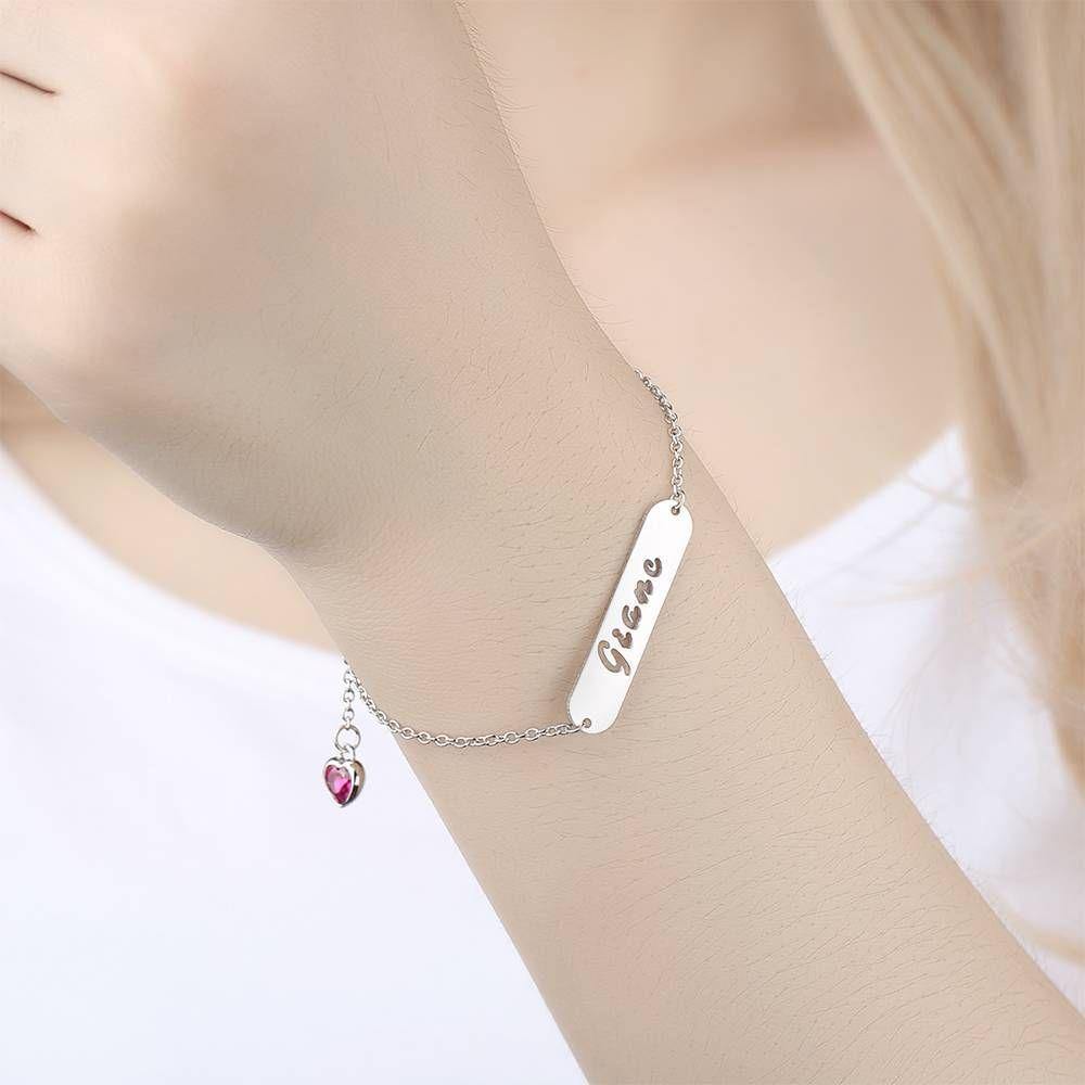 Hollow Carved Bar Name Bracelet with Custom Birthstone, Unique Gift Platinum Plated - Silver - 