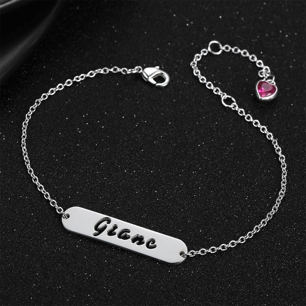 Hollow Carved Bar Name Bracelet with Custom Birthstone, Unique Gift Platinum Plated - Silver -