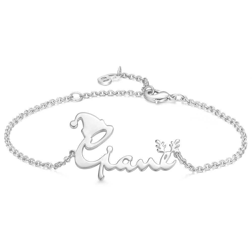 Custom Name Bracelet with Christmas Hat and Antlers Perfect Gift Christmas Gifts Silver - 