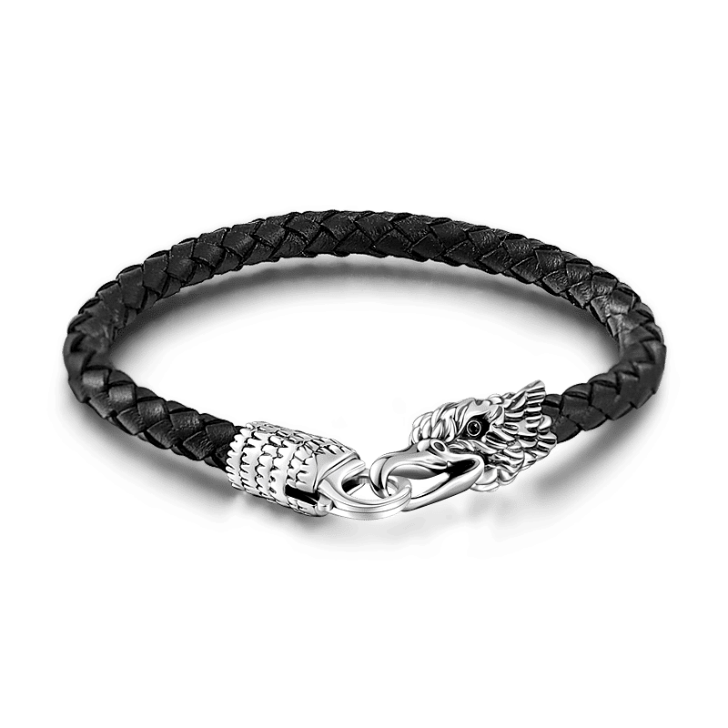 Black Woven Cow Leather Bracelet with Eagle Silver Clasp - 
