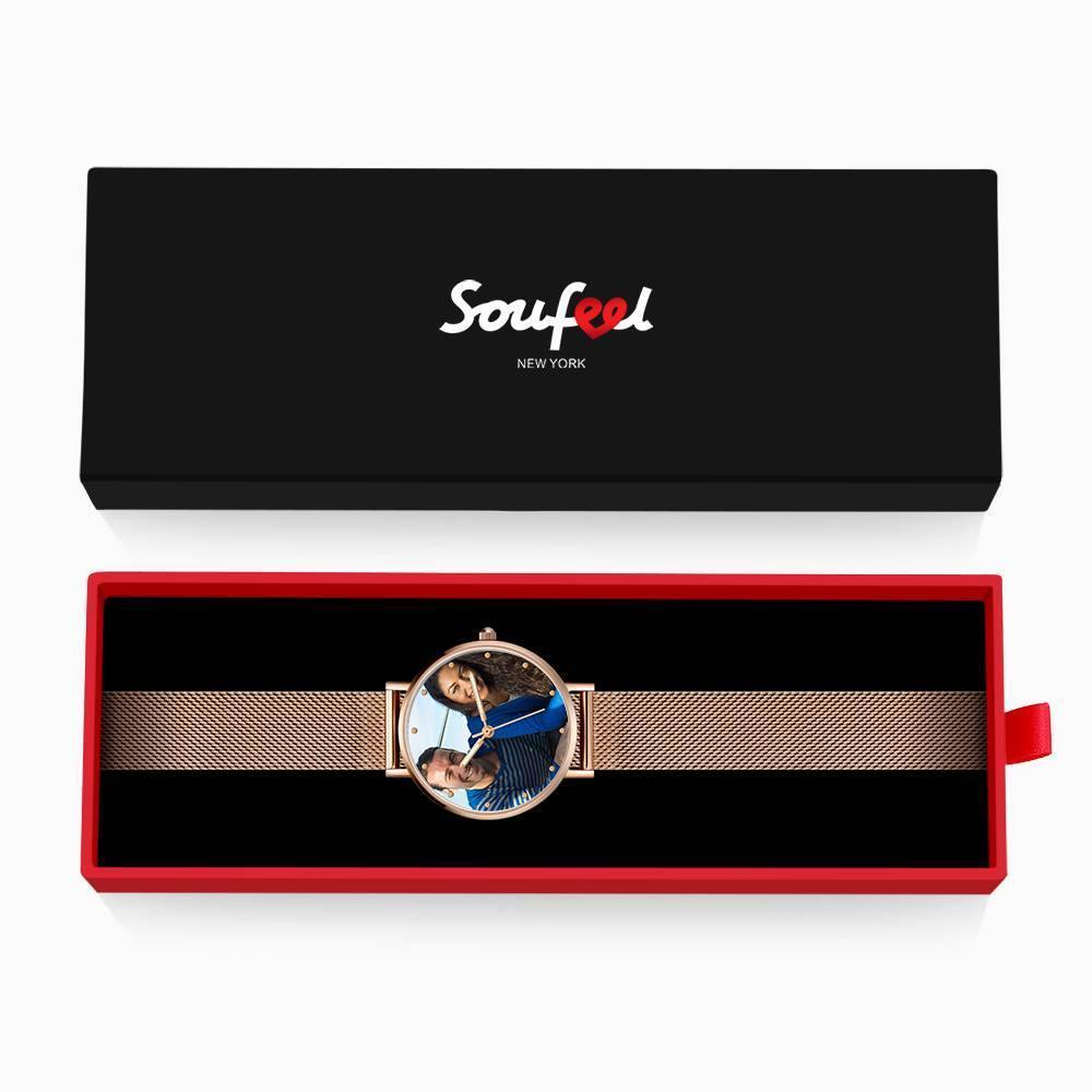 Engraved Photo Watch with Luminous Pointer Rose Gold Alloy Bracelet Photo Watch 40mm - Unisex - soufeelus