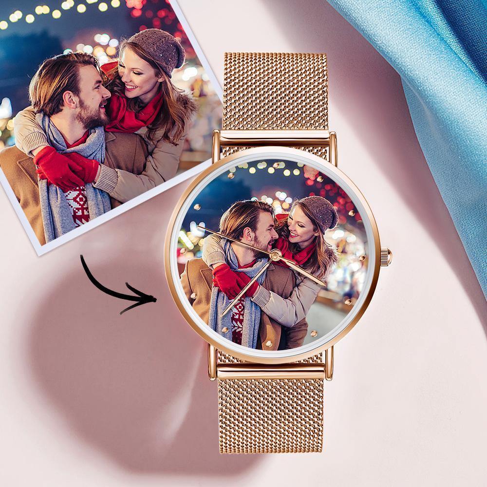Engraved Rose Gold Alloy Bracelet Photo Watch 36mm for Her/Girlfriend -