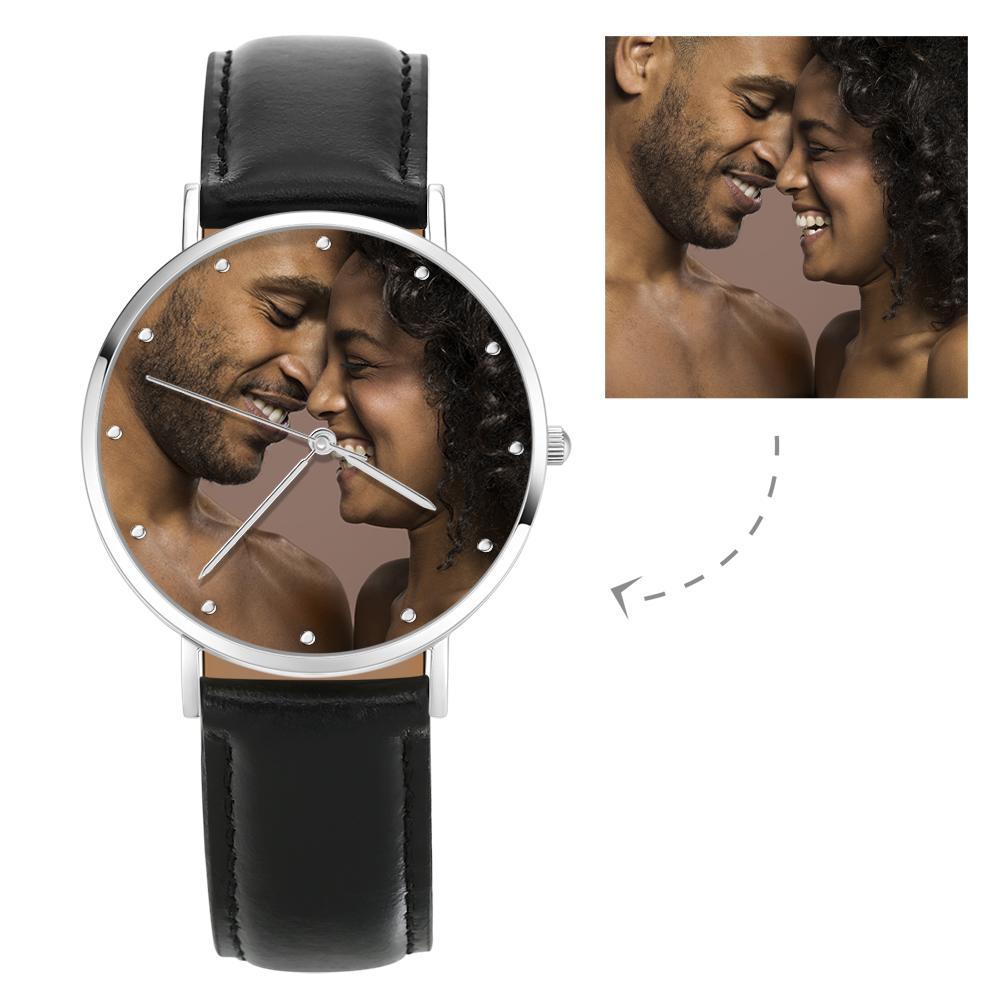 Unisex Engraved Photo Watch Black Leather Strap 40mm Memorial Valentine's Day Gift - 