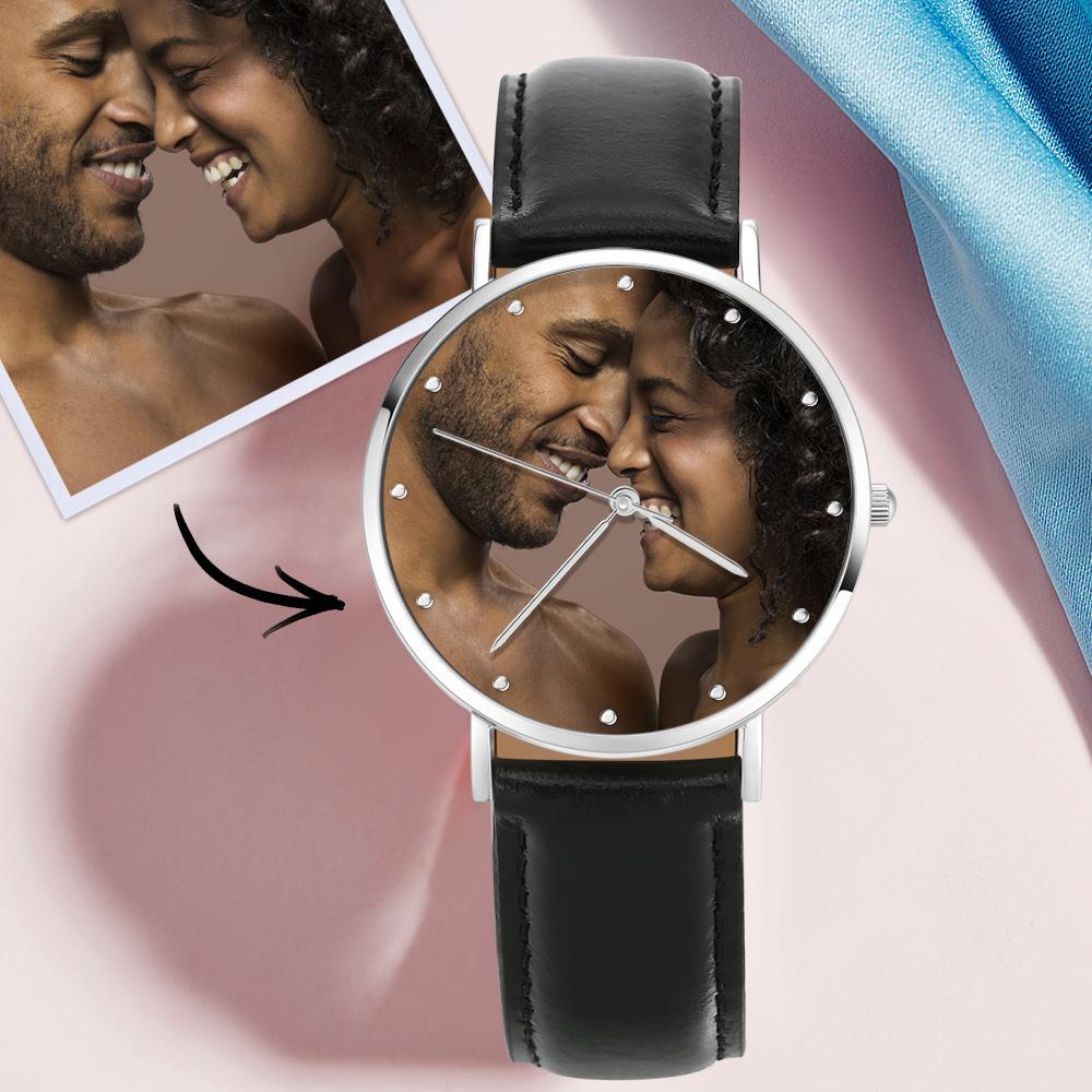 Unisex Engraved Photo Watch Black Leather Strap 40mm Memorial Valentine's Day Gift - 