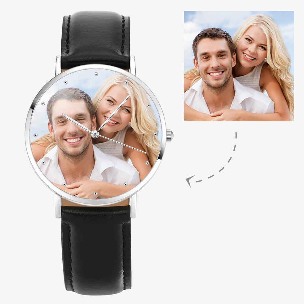 Photo Watch Unisex Engraved Black Leather Strap 40mm