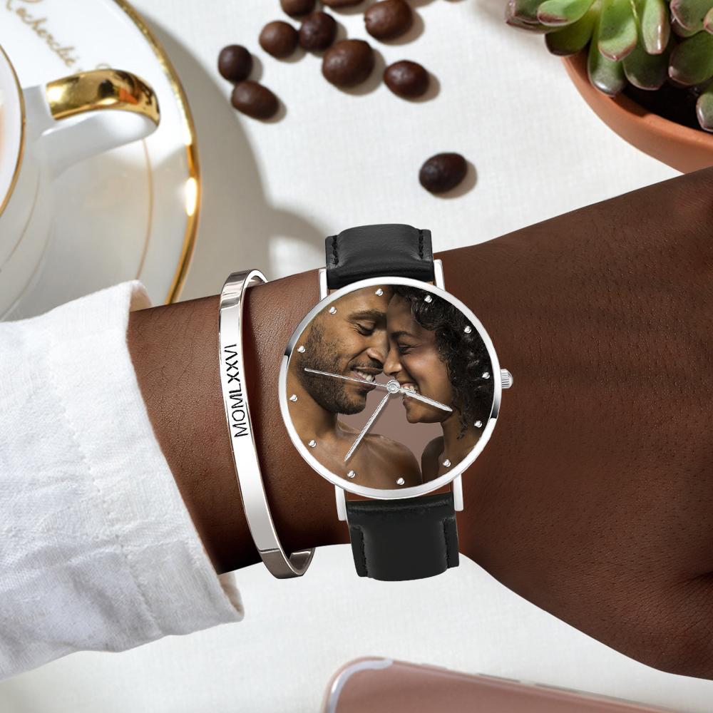 Unisex Engraved Photo Watch Black Leather Strap 40mm Memorial Valentine's Day Gift - 