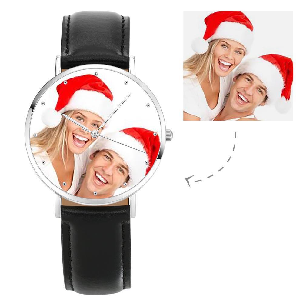 Unisex Engraved Photo Watch Black Leather Strap 40mm Memorial Gift For Her - soufeelmy