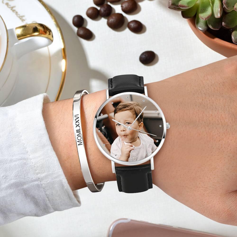 Engraved Photo Watch, Keepsake Gift Black Leather Strap 40mm - Unisex - soufeelus