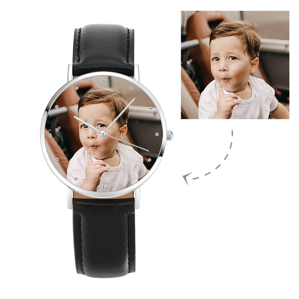 Engraved Photo Watch, Keepsake Gift Black Leather Strap 40mm - Unisex - soufeelus