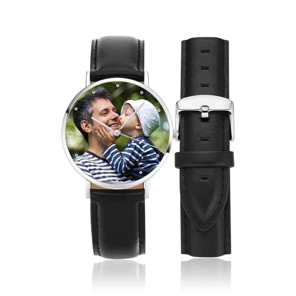 Personalized Engraved Watch, Photo Watch with Black Leather Strap 40mm - soufeelus