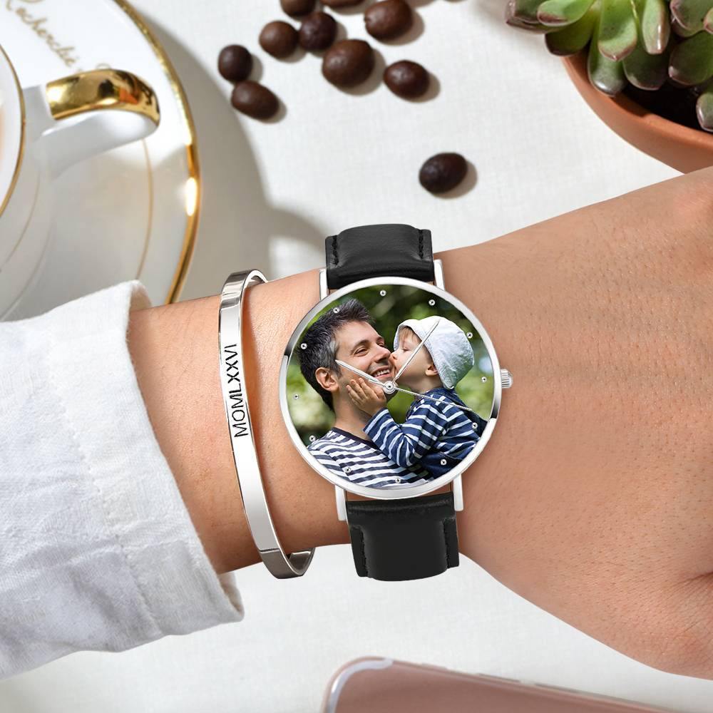 Personalized Engraved Watch, Photo Watch with Black Leather Strap 40mm - soufeelus