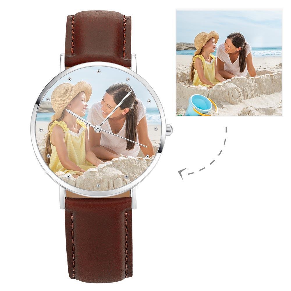 Unisex Engraved Photo Watch Brown Leather Strap 40mm