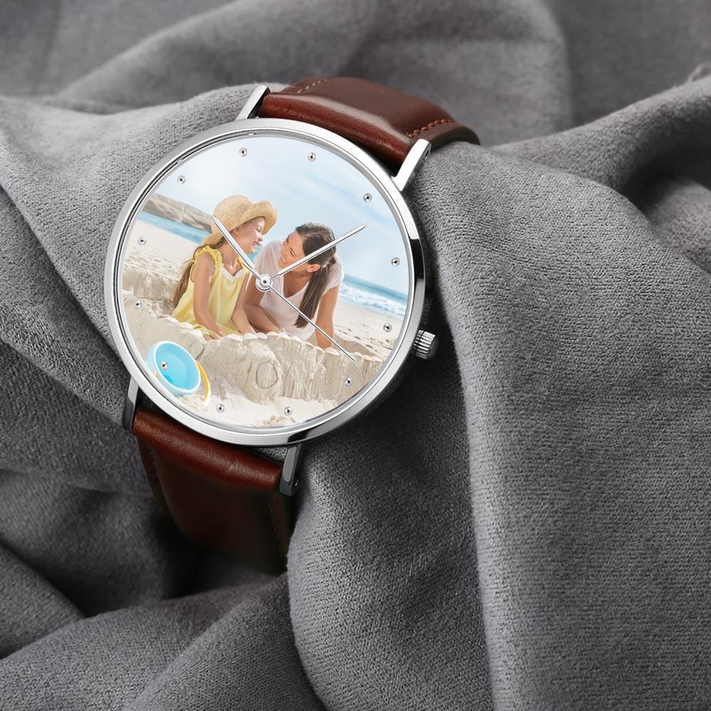 Unisex Engraved Photo Watch Brown Leather Strap 40mm