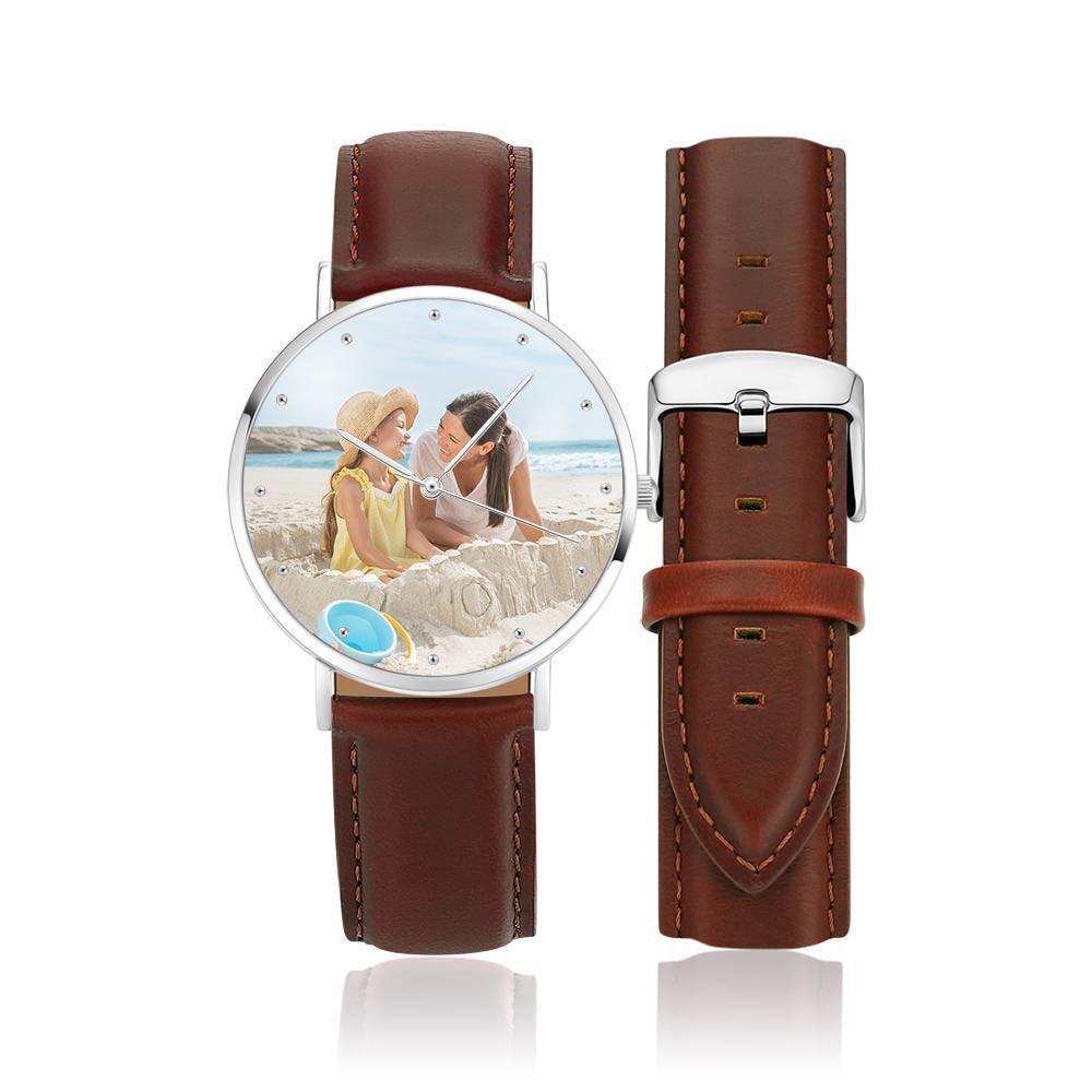 Unisex Engraved Photo Watch Brown Leather Strap 40mm