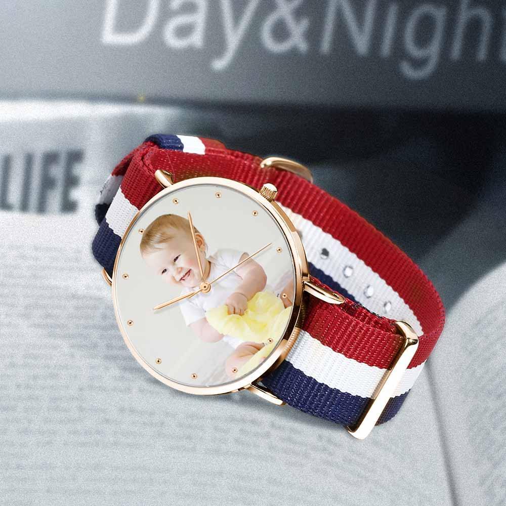 Women's Engraved Rose Goldtone Photo Watch Color Nylon Strap 36mm - soufeelus