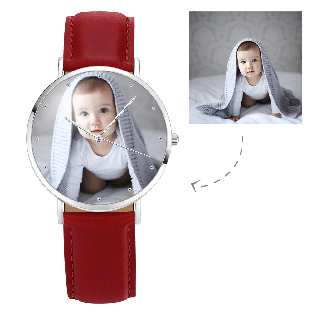 Unisex Engraved Photo Watch Black Leather Strap 40mm Memorial Valentine's Day Gift