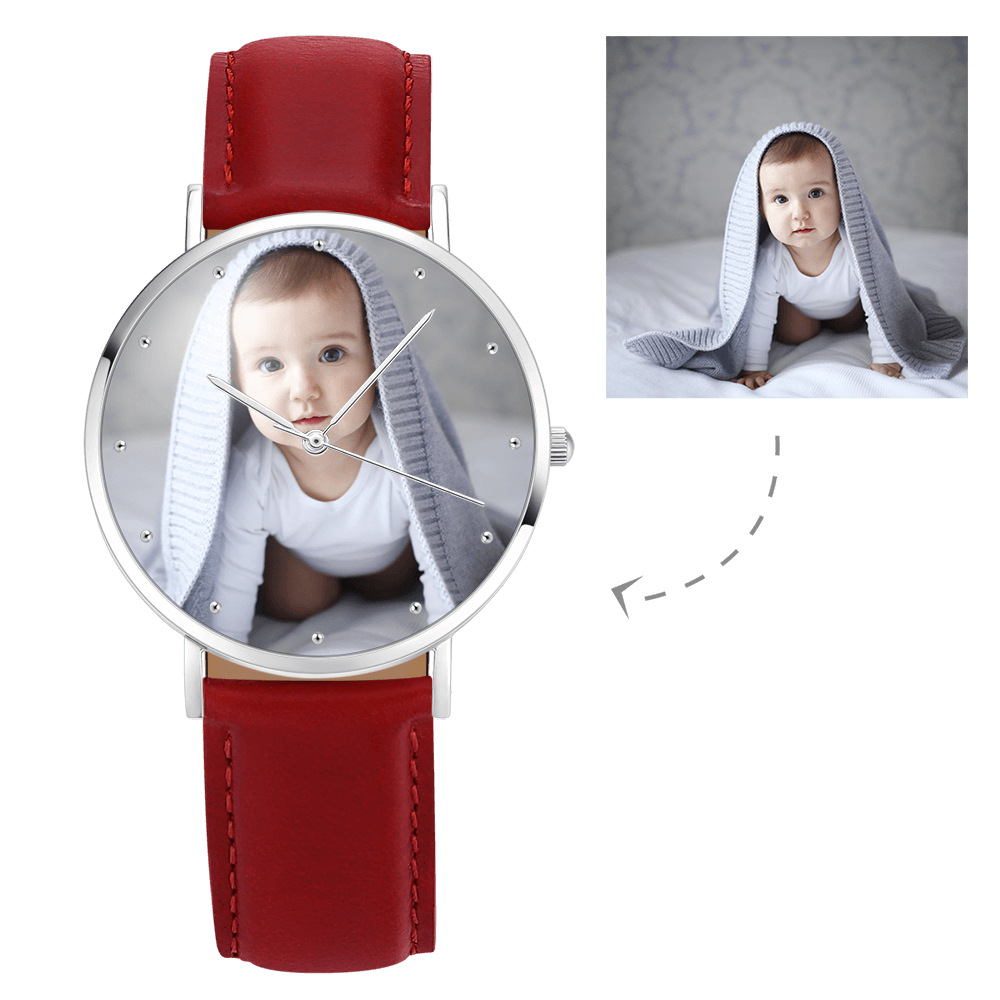 Unisex Engraved Photo Watch Black Leather Strap 40mm Memorial Gift For Her