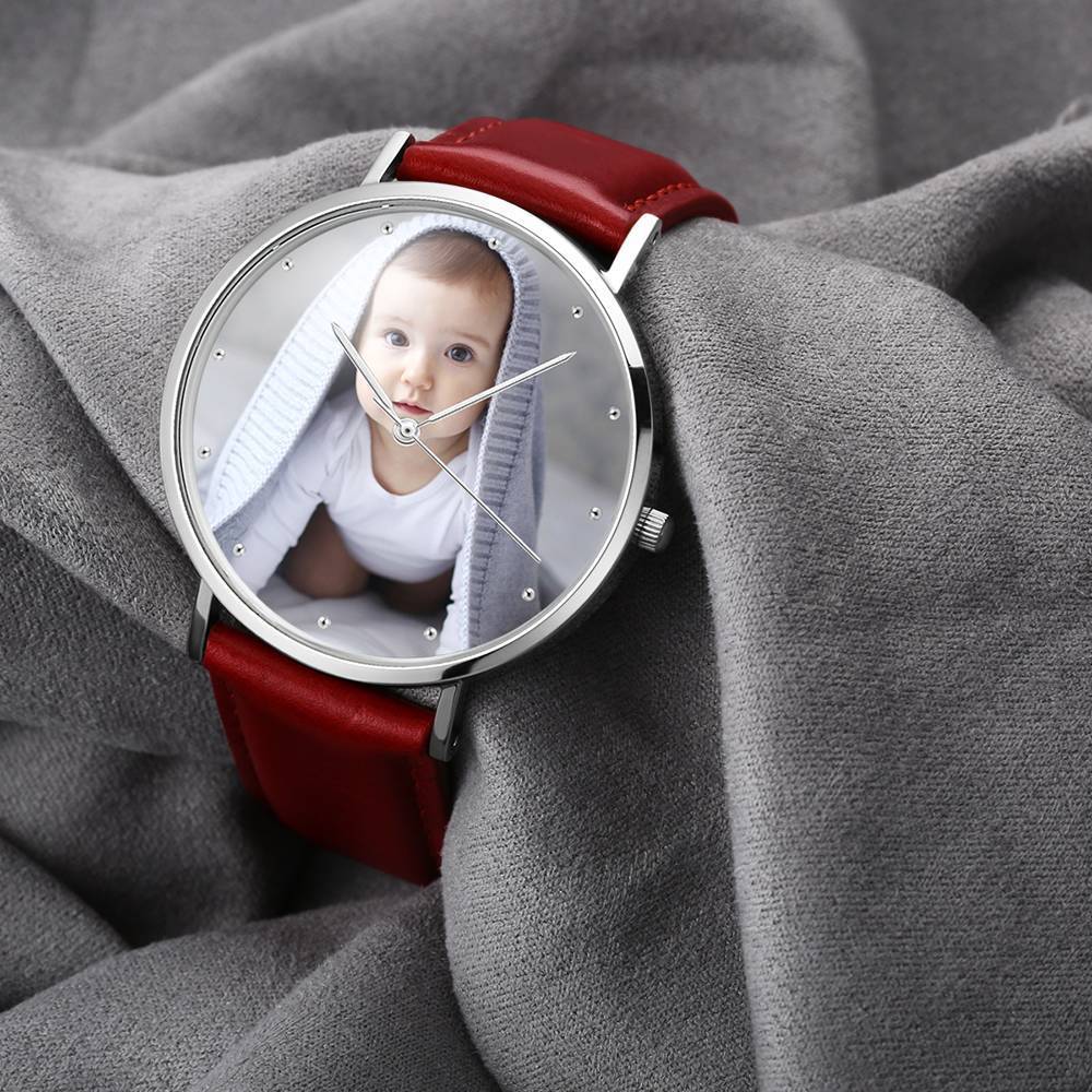 Women's Engraved Photo Watch Red Leather Strap 36mm