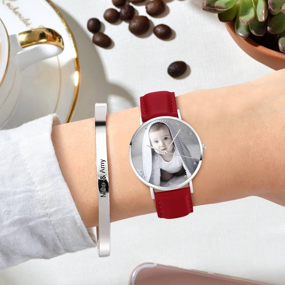 Women's Engraved Photo Watch Red Leather Strap 36mm