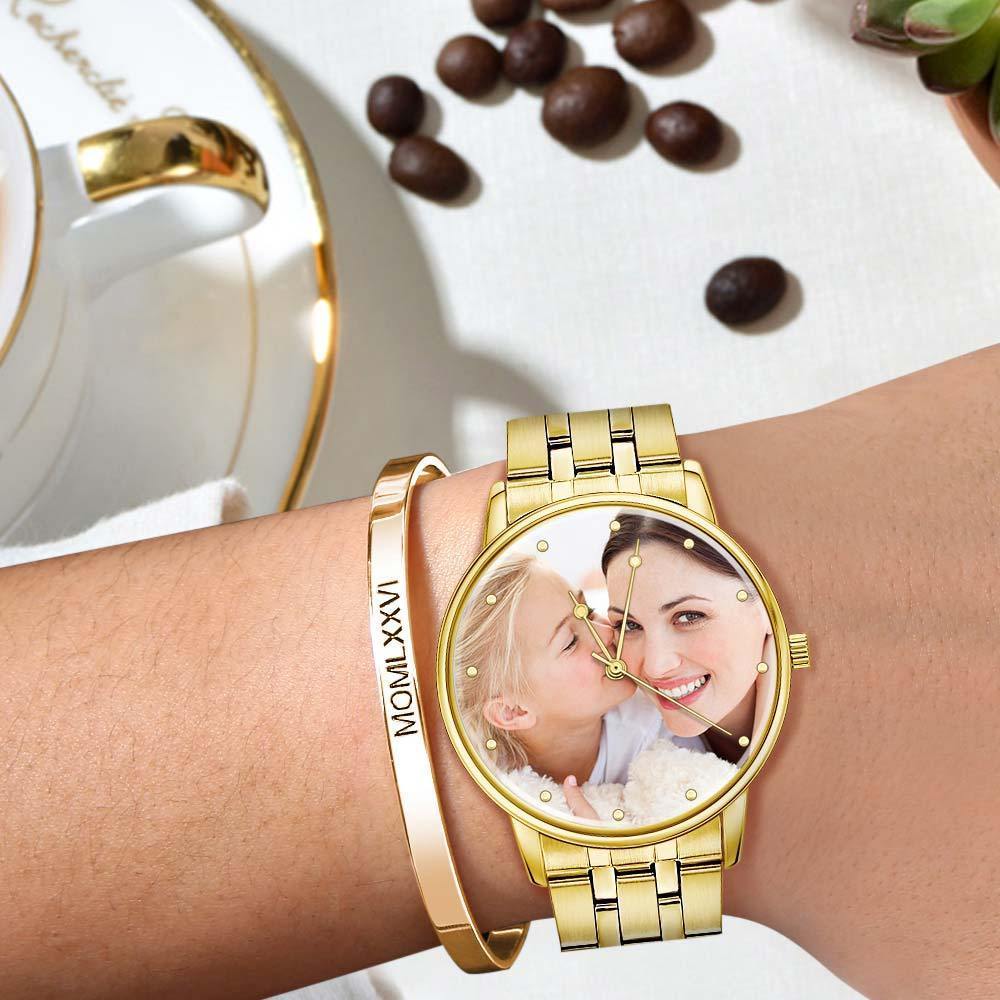 Unisex Engraved Gold Alloy Bracelet Photo Watch 40mm - soufeelus