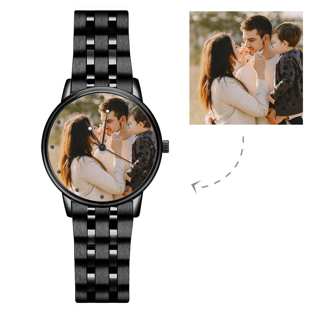 Mens Engraved Photo Watch Black Alloy Strap - 