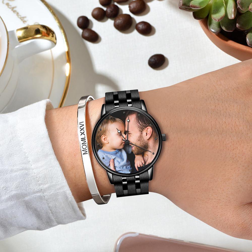 Engraved Men's Black Alloy Bracelet Photo Watch 38mm Business Gift For Him