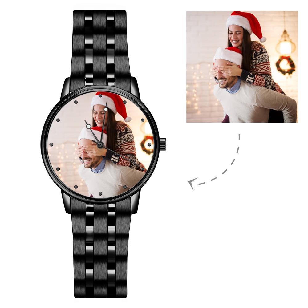 Engraved Men's Black Alloy Bracelet Photo Watch 38mm Christmas Gift - soufeelmy