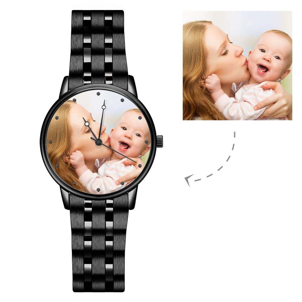 Mens Engraved Photo Watch Black Alloy Strap - 