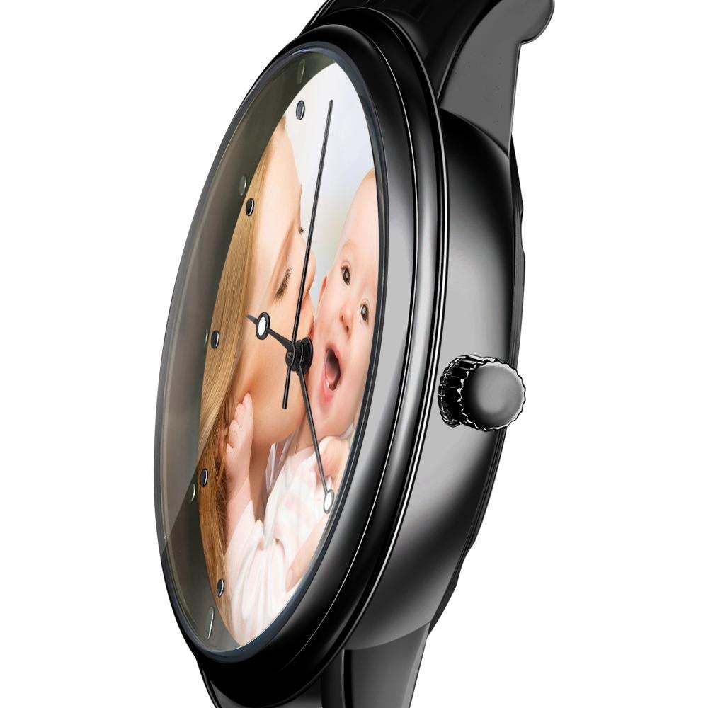 Mens Engraved Photo Watch Black Alloy Strap -
