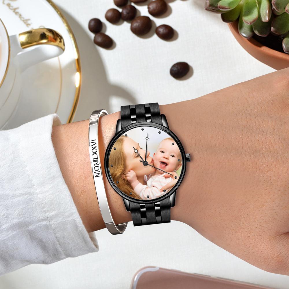 Mens Engraved Photo Watch Black Alloy Strap -
